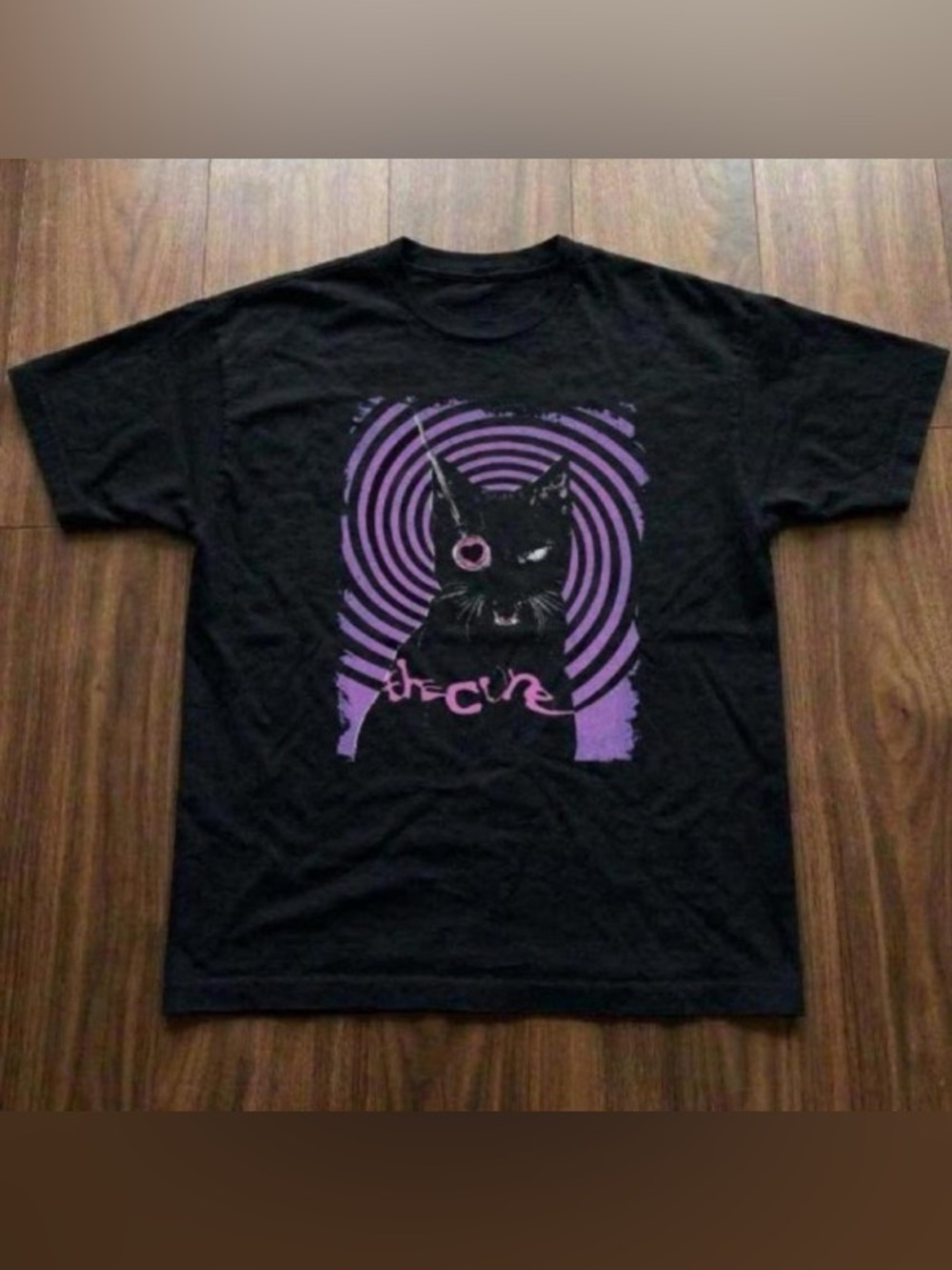 Black The Cure Baa Band Cat Graphic Tee with Purple Design